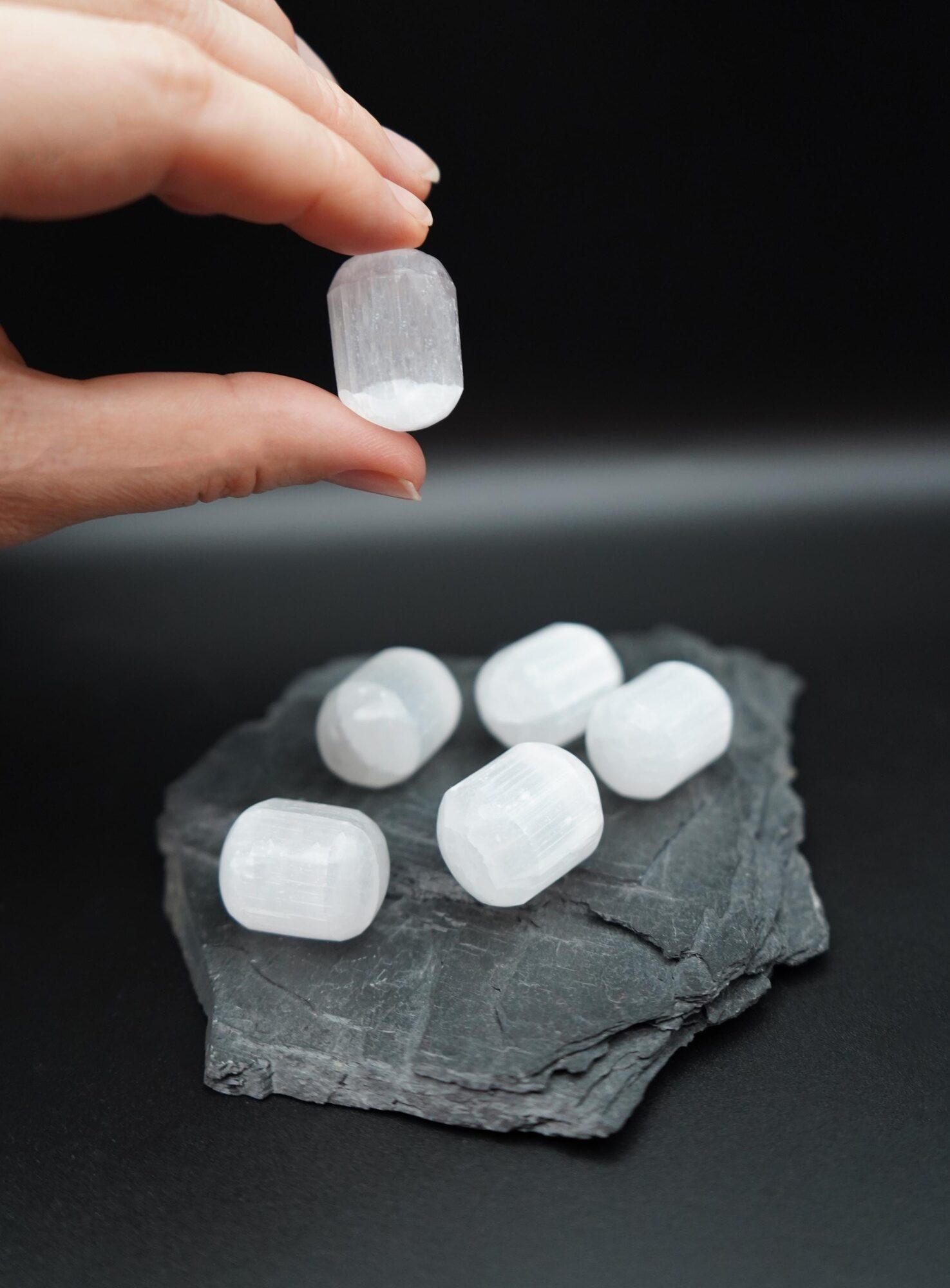 Hand-polished selenite tumbled stones